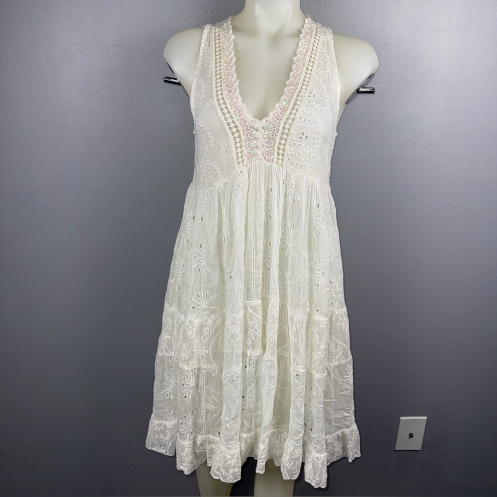 RANEES Dress Swim Beach Cover Dress Women’s M White Lace Sequins Flouncy *READ